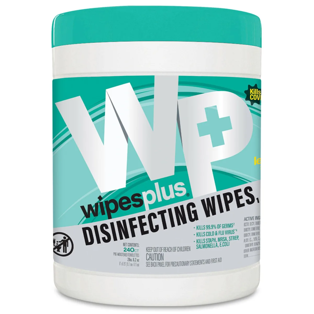 White cylindrical canister with lemon-scented disinfecting wipes, 240 count