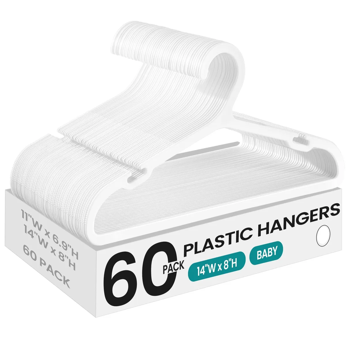 Sixty slim white plastic hangers with shoulder notches, 14 inches wide
