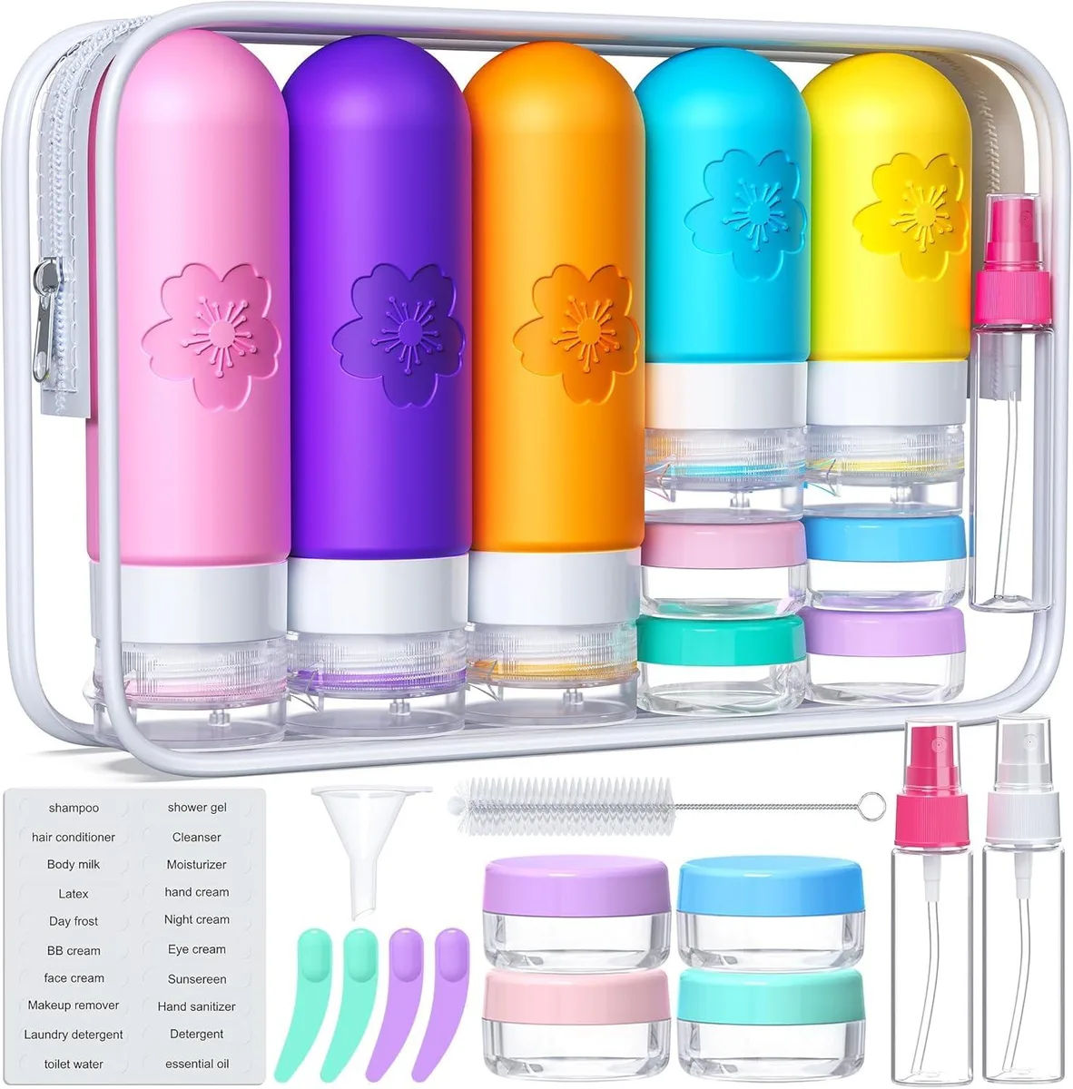 A 20-piece travel bottle set in multi-colour silicone with a transparent waterproof bag