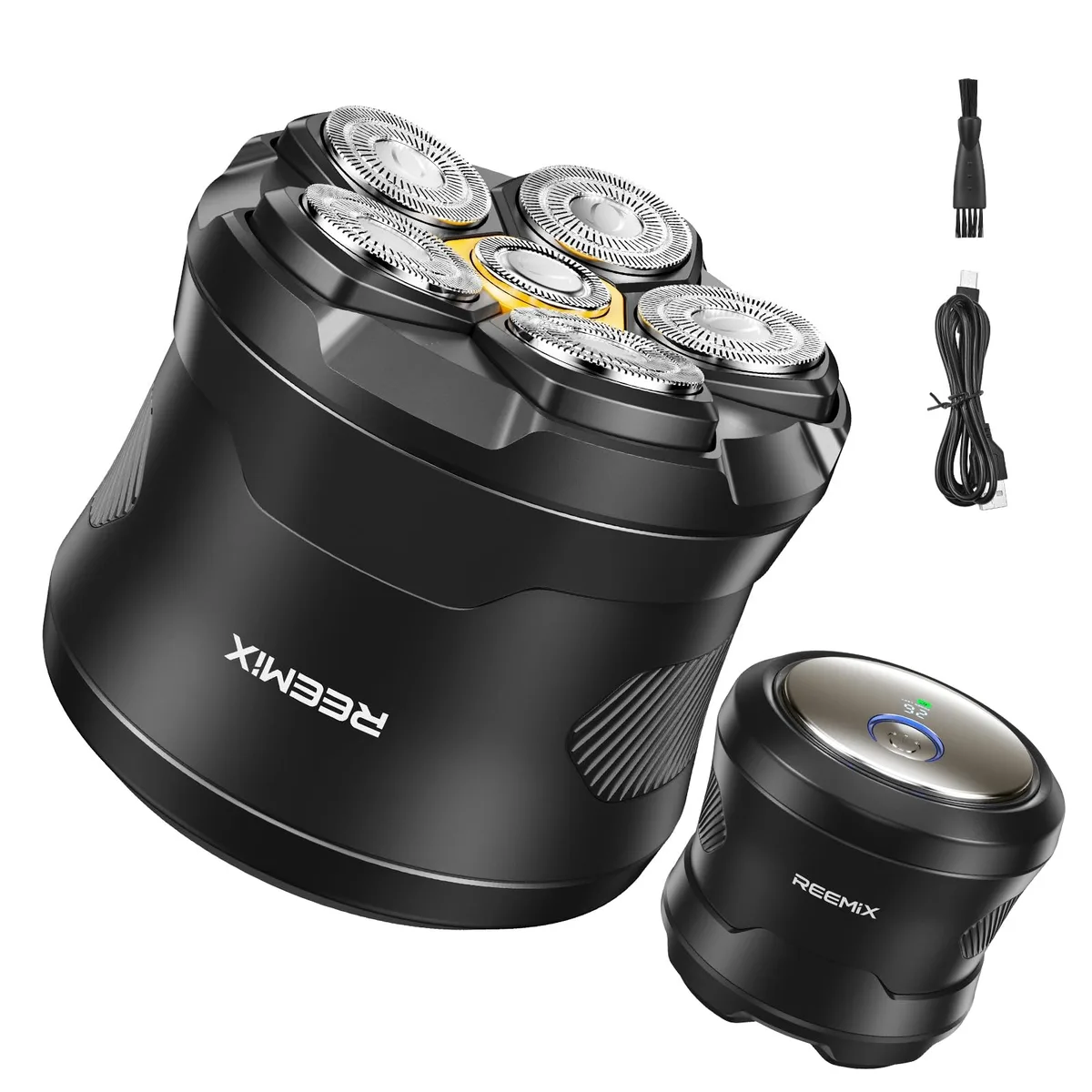 Black foil shaver with six floating heads, compact ergonomic body