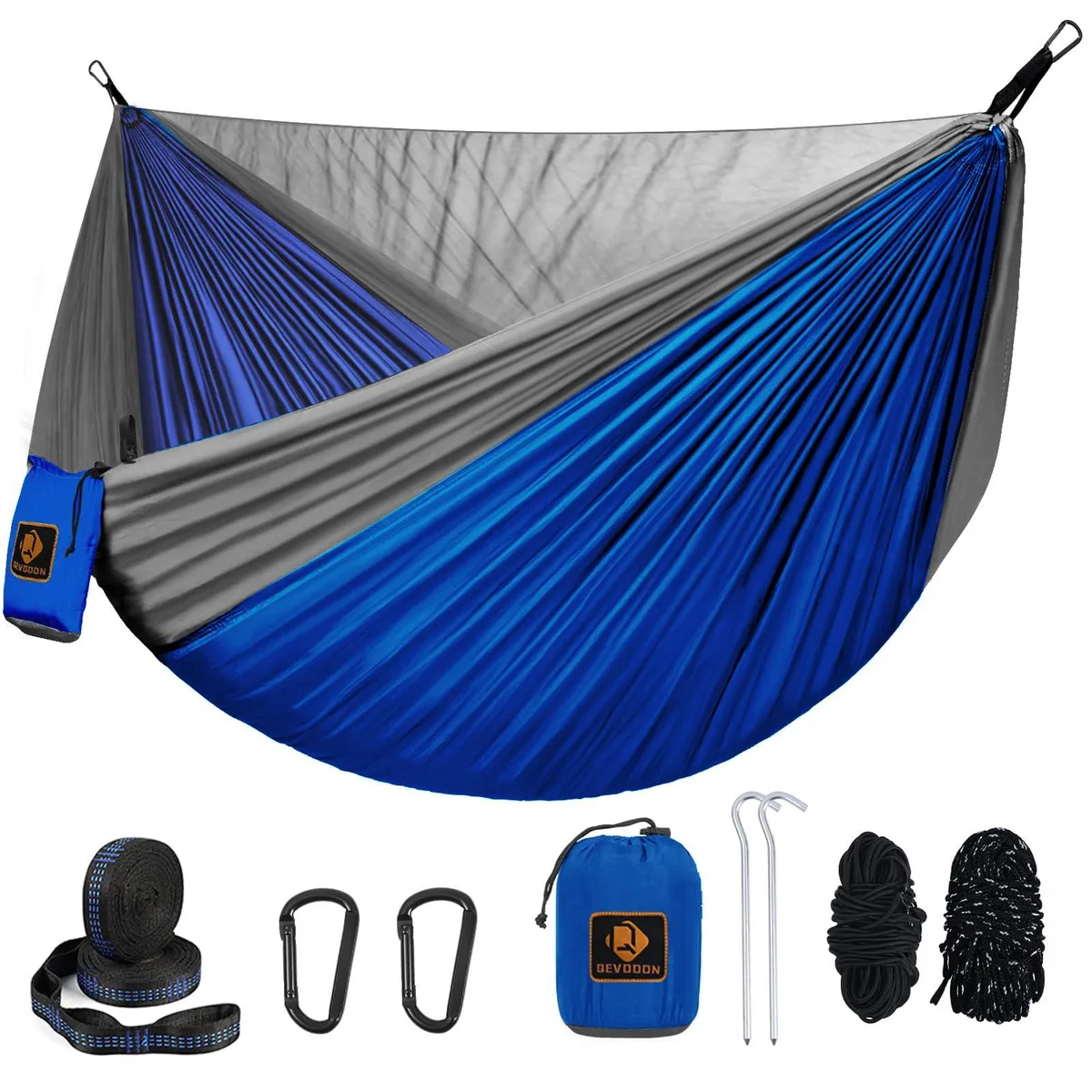 Blue and grey nylon parachute hammock with integrated mosquito net and tree straps
