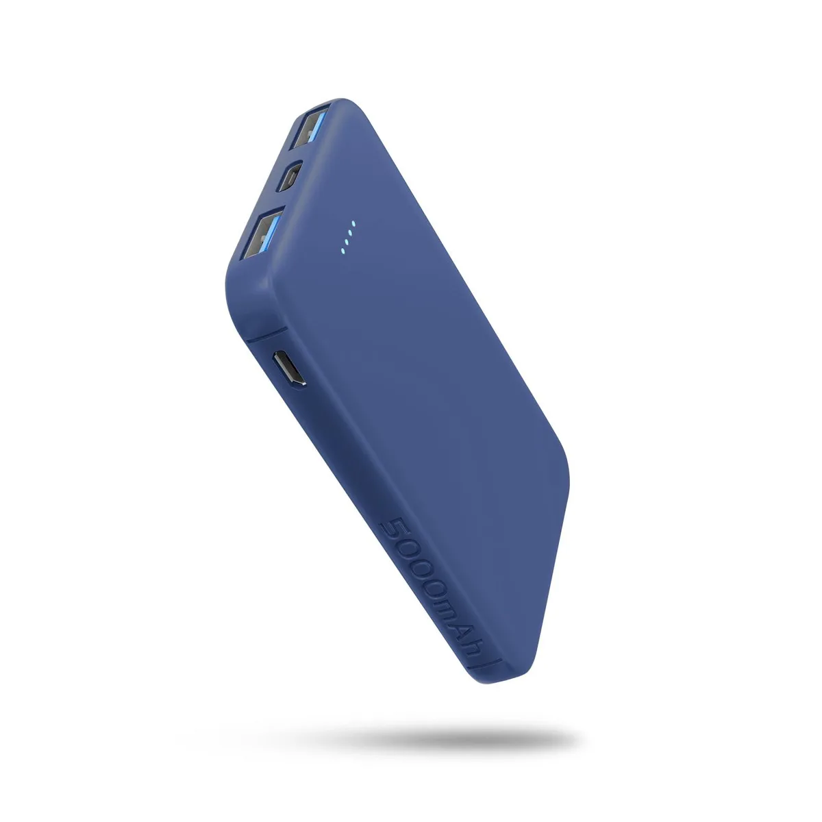 Dark blue rectangular power bank, smooth matte finish, rounded edges, LED indicator strip, USB-C and USB-A ports visible
