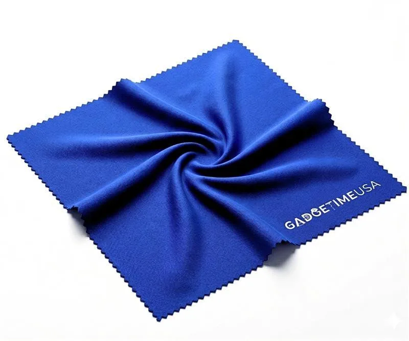 Blue microfiber cleaning cloth, 6 by 7 inches, soft square fabric with smooth finish