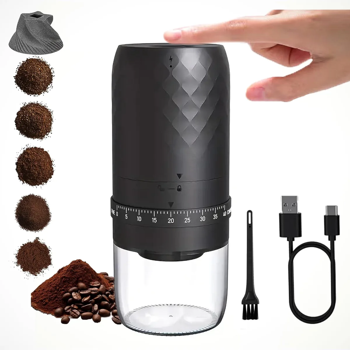 Silver cylindrical coffee grinder with foldable handle and adjustment ring