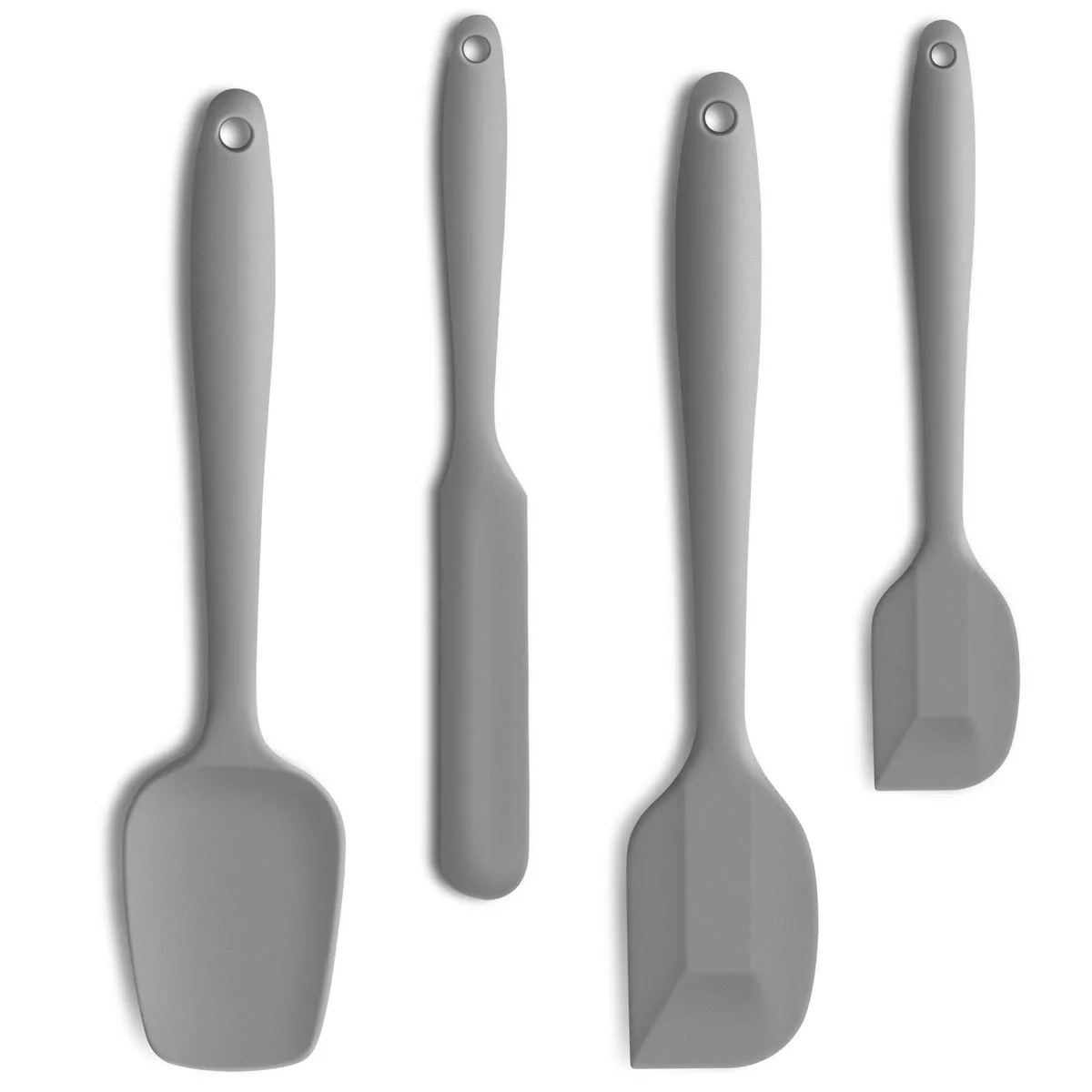 Four gray silicone spatulas with stainless steel cores, seamless one-piece design