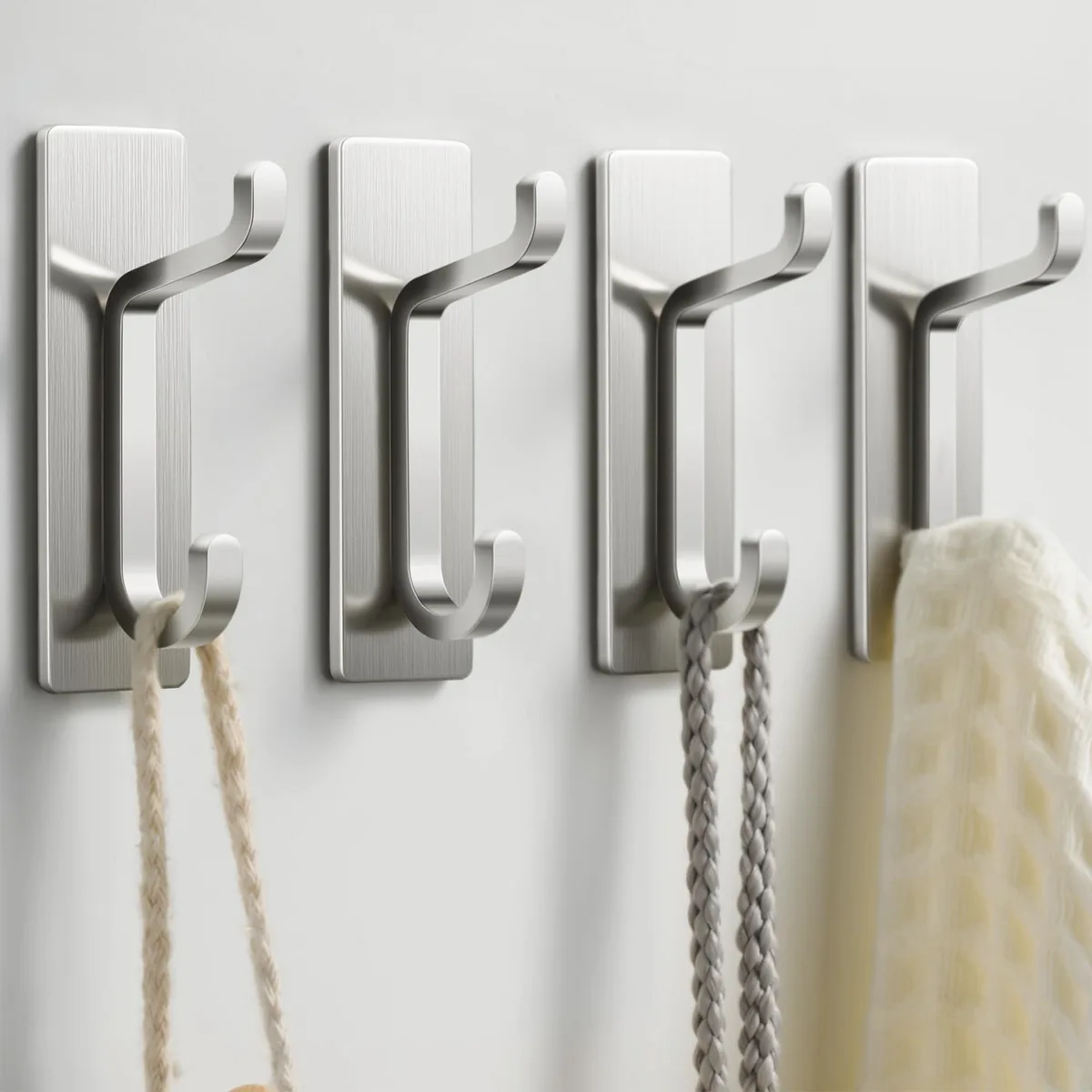 Brushed nickel adhesive wall hooks, set of metal coat and towel hangers