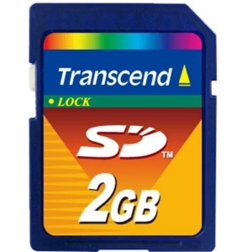 Blue Transcend 2GB Secure Digital card, rectangular with angled corner and gold contacts