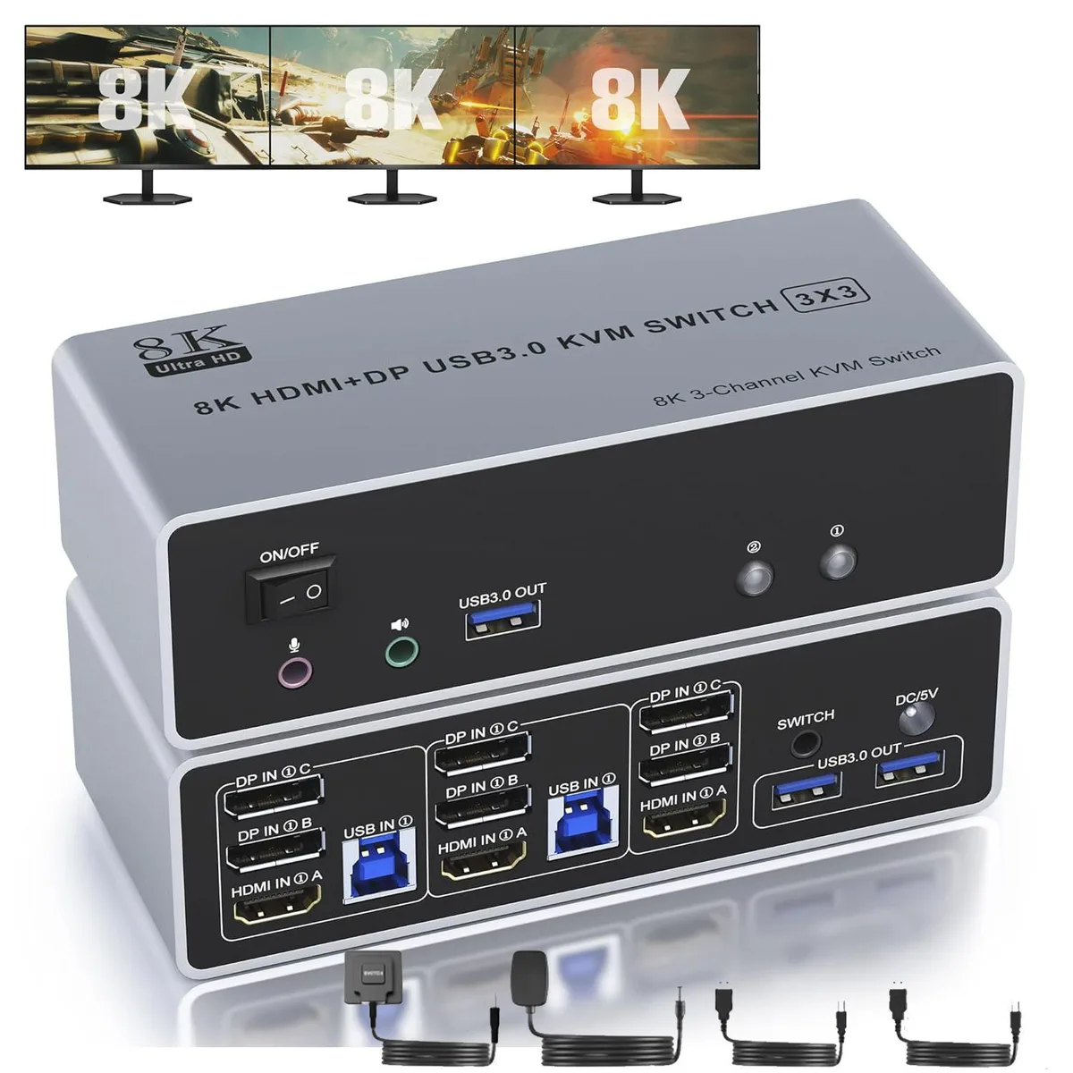 WRIARICH WRIARICH KVM Switch 2 PCs 3 Monitors HDMI 2 DP 8K 60Hz 4K 144Hz USB 3.0 Audio — product photo