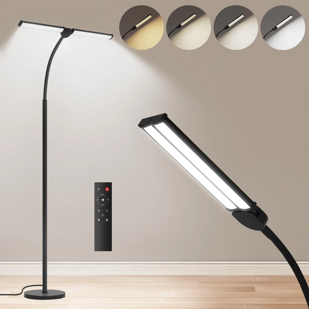 Black powder-coated dual-head floor lamp with flexible goose-neck arms