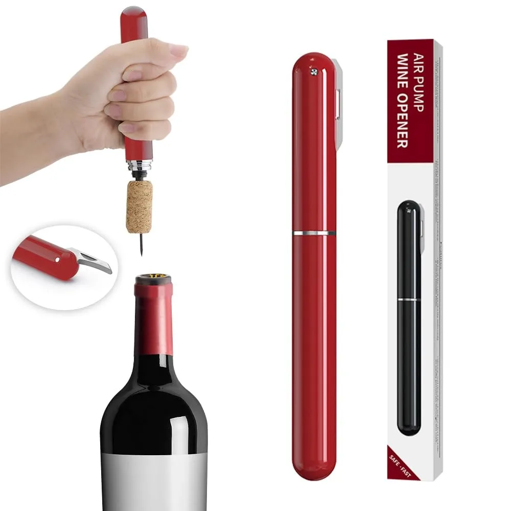 Red air-pressure wine opener with foil cutter, slim cylindrical shape