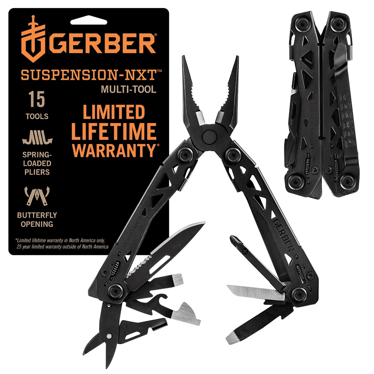 Black stainless steel multitool, butterfly open, pocket clip visible