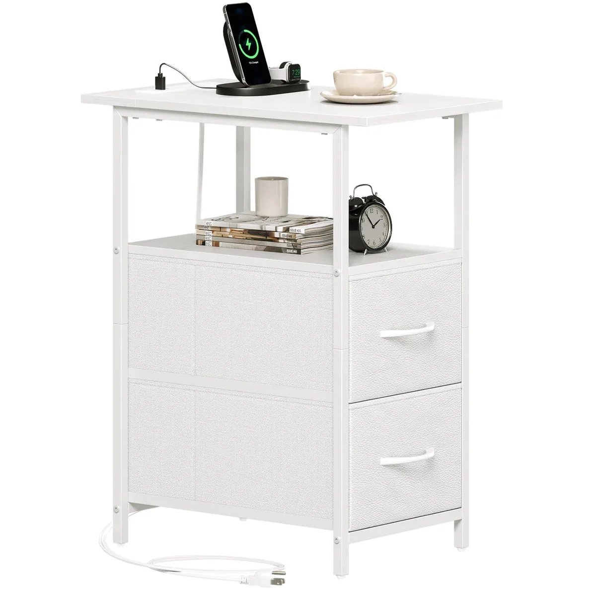 Black narrow end table with two fabric drawers, wood-grain top, steel frame, charging station visible
