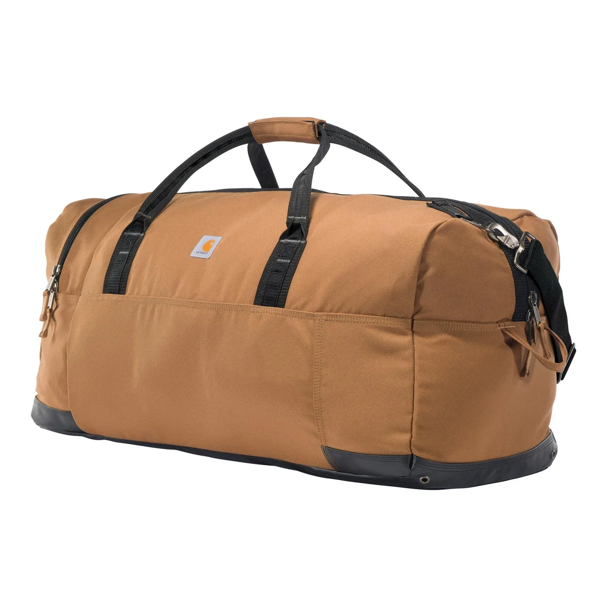 Large grey duffel bag with padded shoulder strap and haul handles