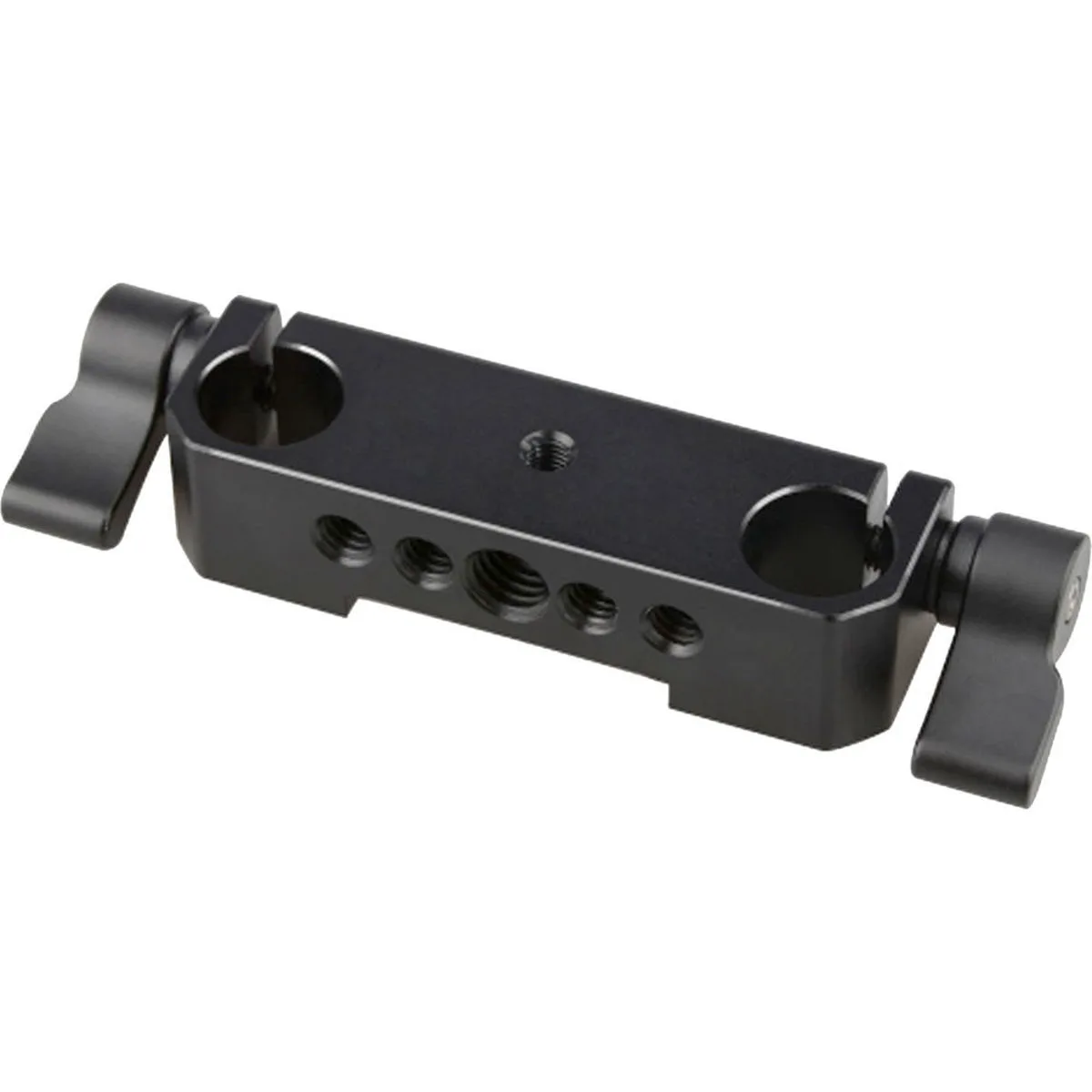 CNC-machined anodized aluminium 15mm rod clamp railblock with five 1/4"-20 threaded holes and M5 hole