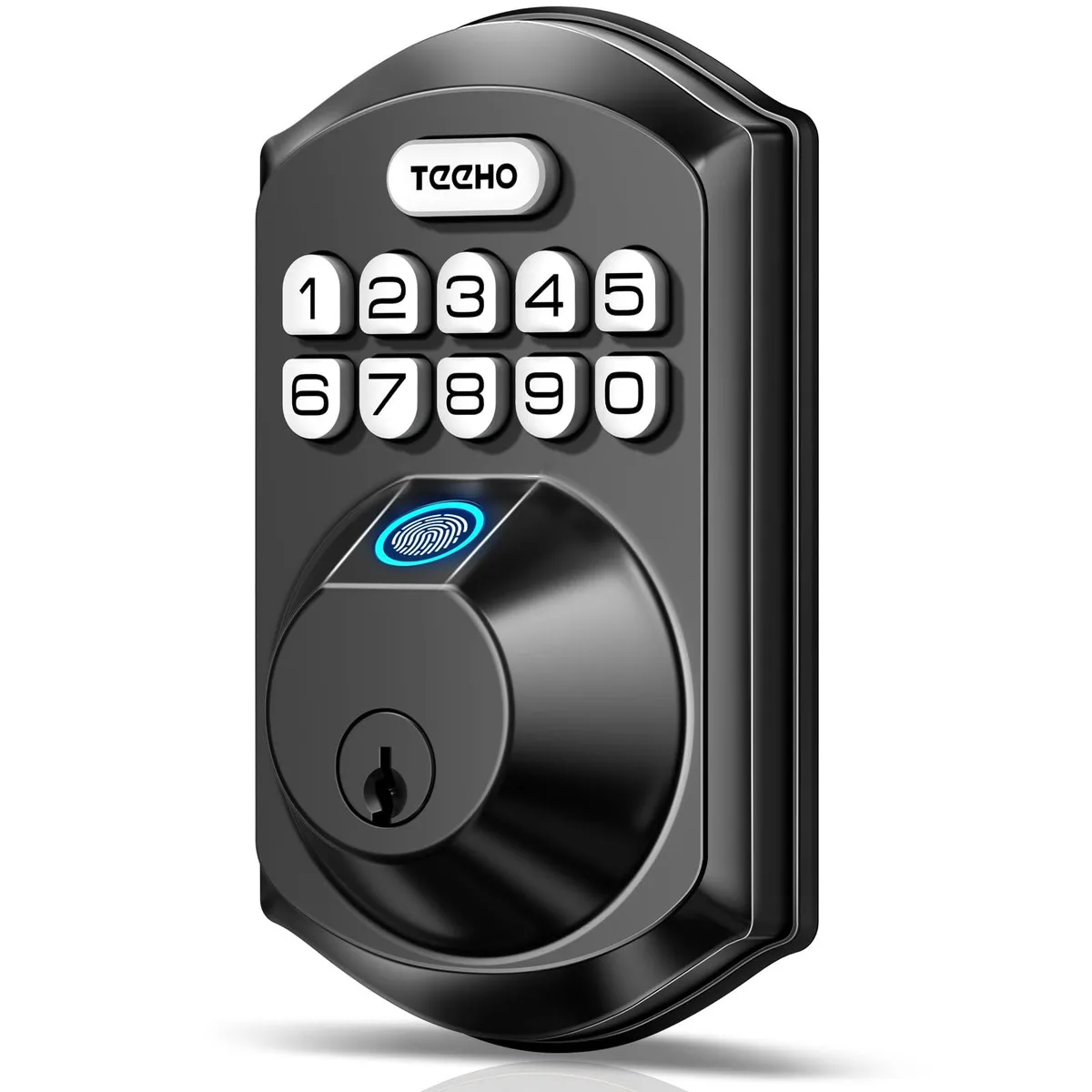 Matte black fingerprint deadbolt with keypad, rectangular shape, 5.12 by 2.95 by 1.3 inches