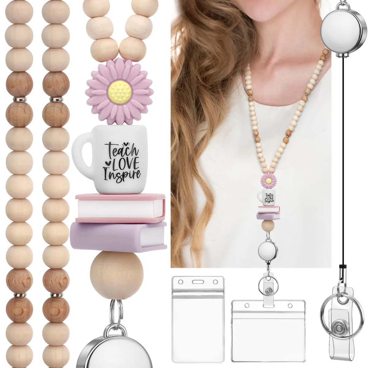 YAVVOZH Wooden Beaded Retractable Lanyard Light Purple — product photo