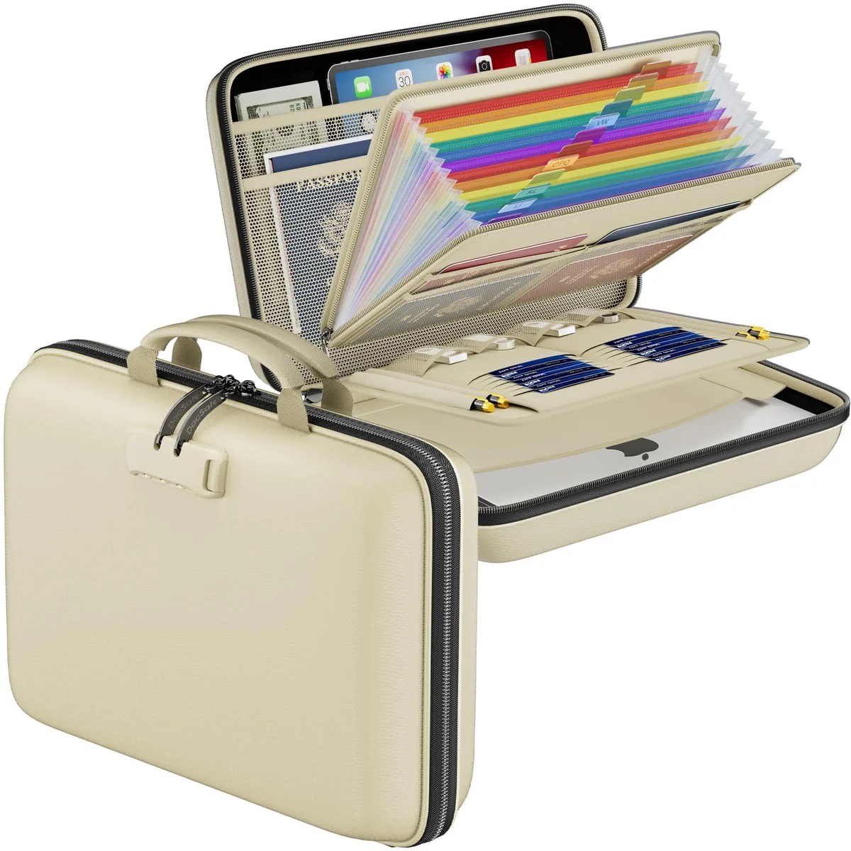 Beige hard-shell fireproof file organiser with zipper and accordion pockets