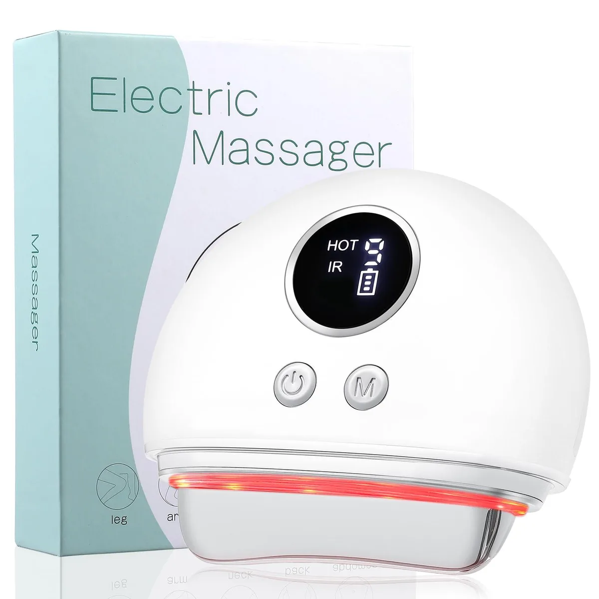 Blue handheld electric massager with curved scraping edge, grey accents, USB-C port, compact oval shape