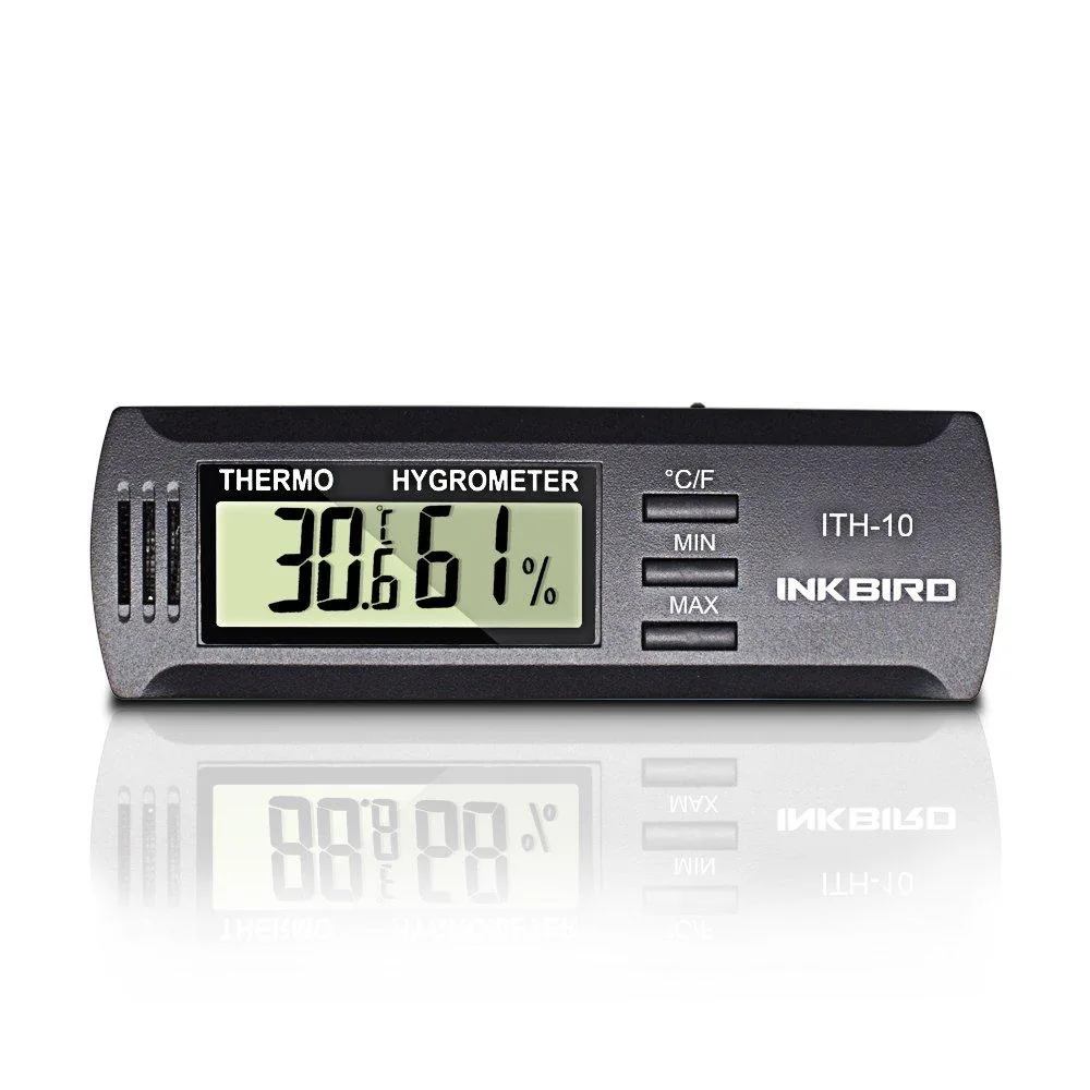 Black rectangular digital thermometer hygrometer with LCD display showing temperature and humidity readings