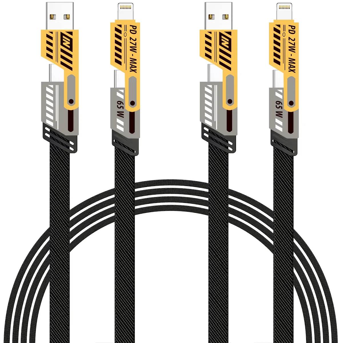 Two black and yellow braided USB cables with four connectors each