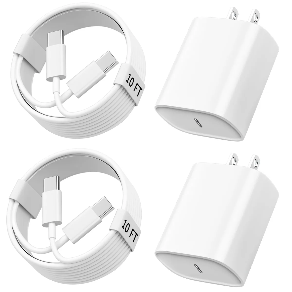 Two white USB-C wall chargers and two long white USB-C cables