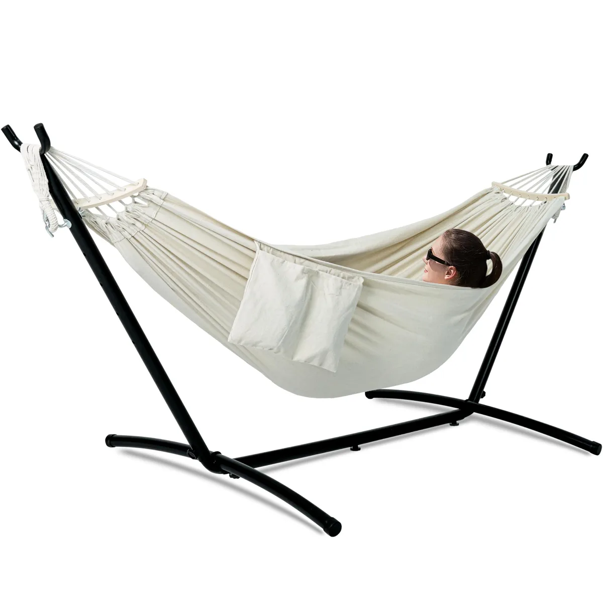 Natural double hammock on 9-foot steel stand with curved spreader bars