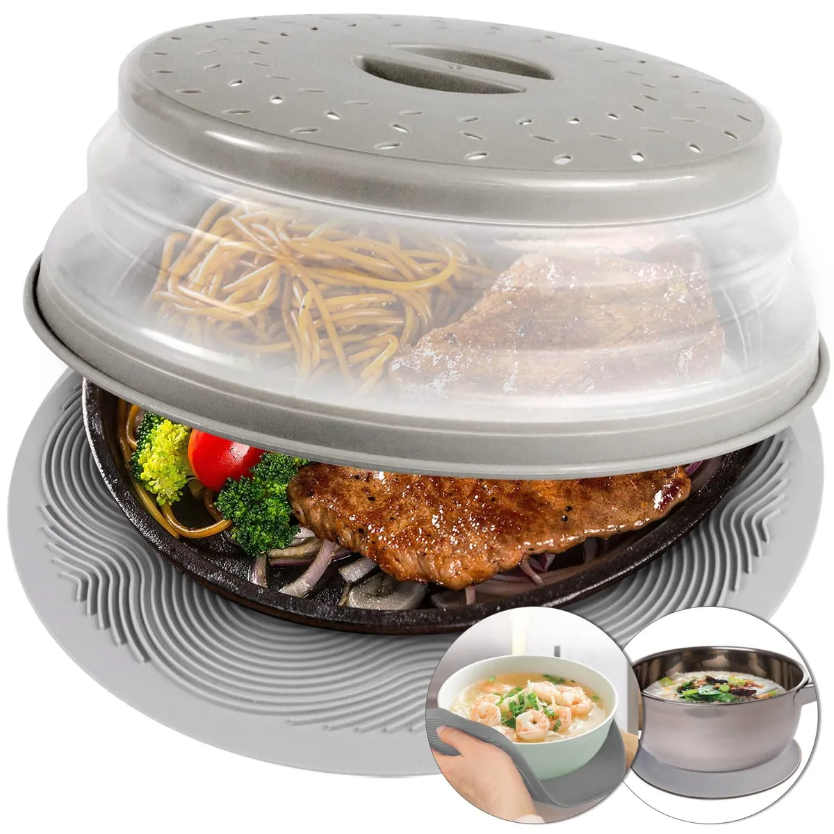 Grey 10.5 inch microwave splatter cover with collapsible sides and vented top plus matching silicone mat