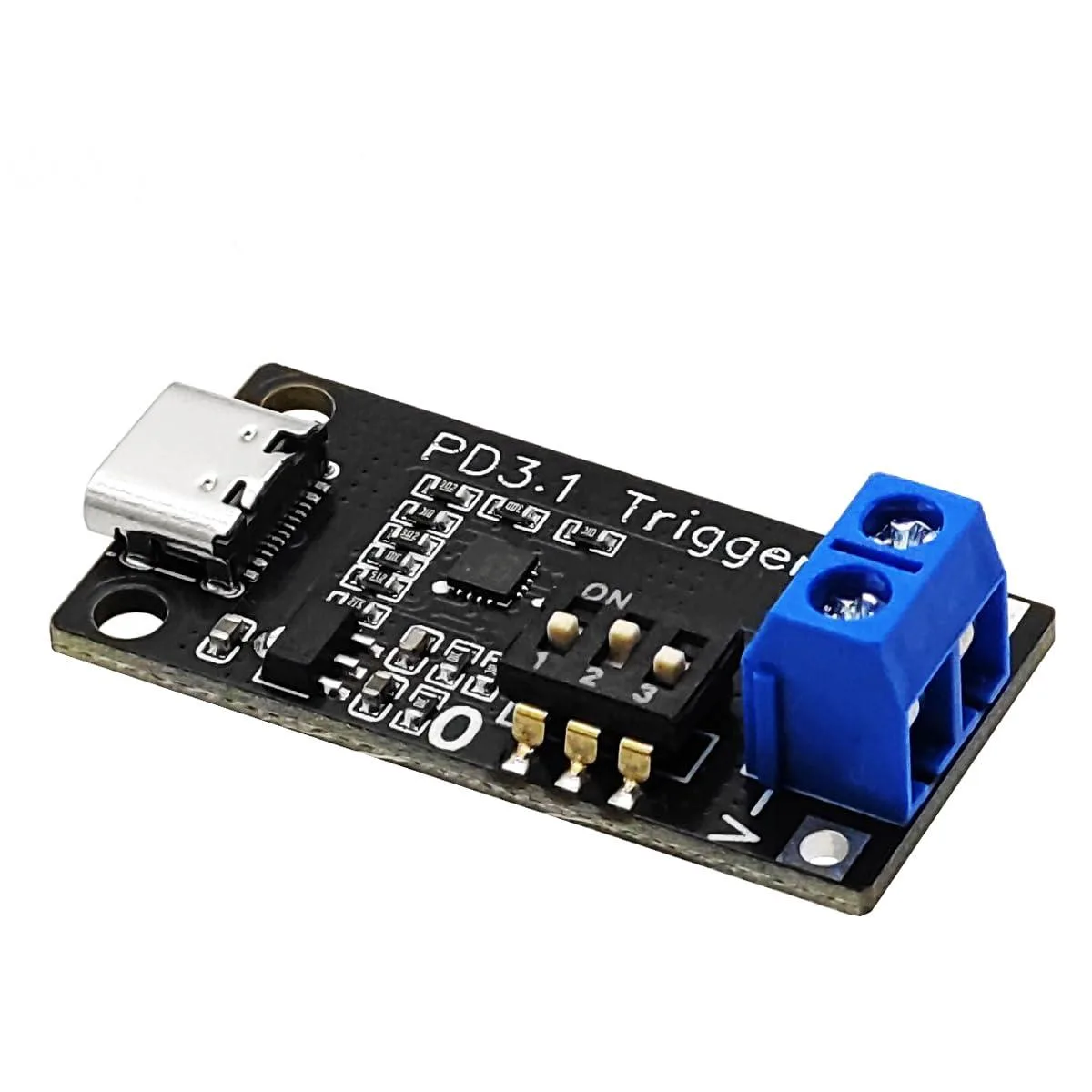 Small green circuit board with USB-C port screw terminals and a three-position DIP switch