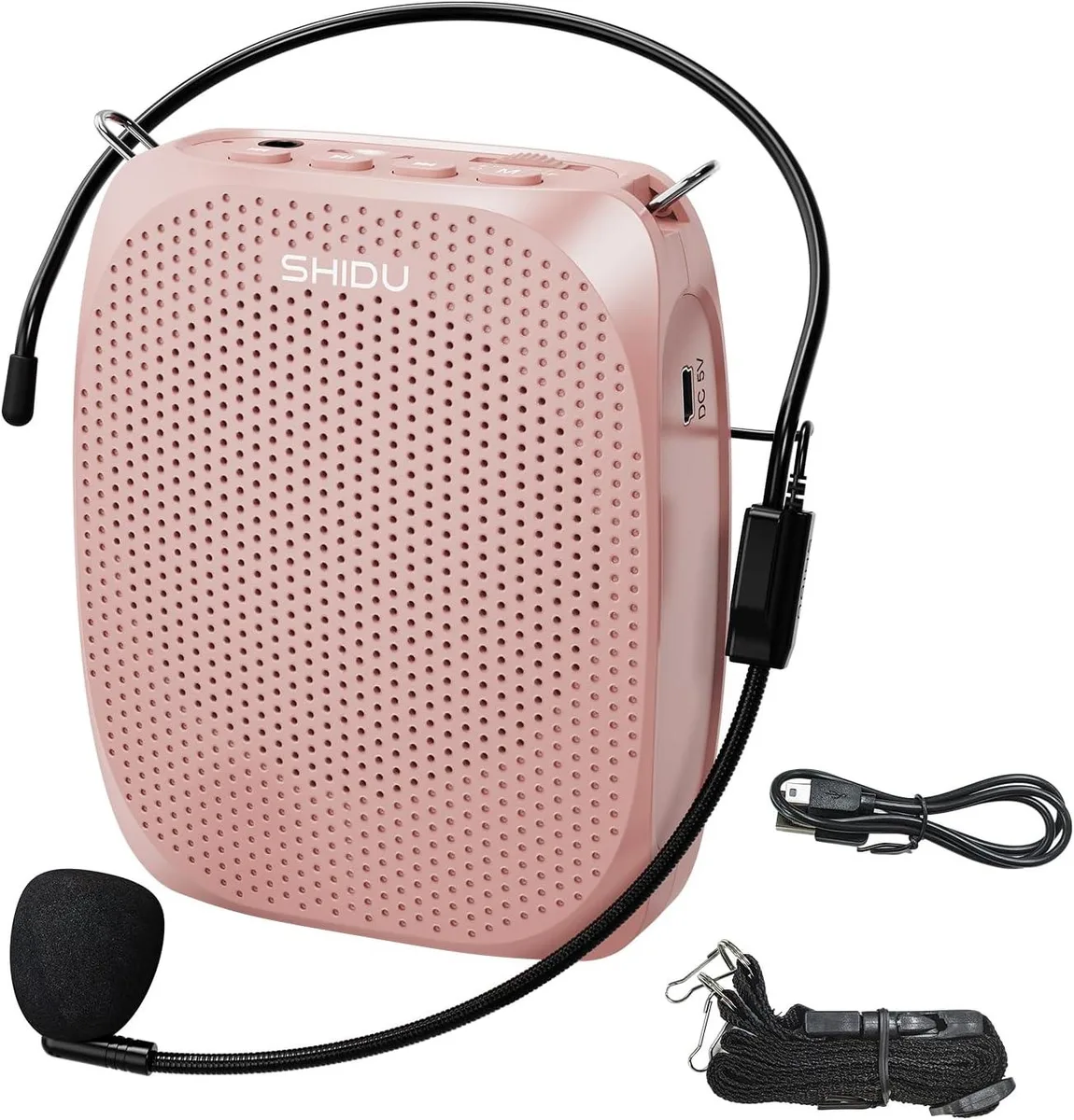 Compact rectangular voice amplifier with clip and headset microphone, matte finish