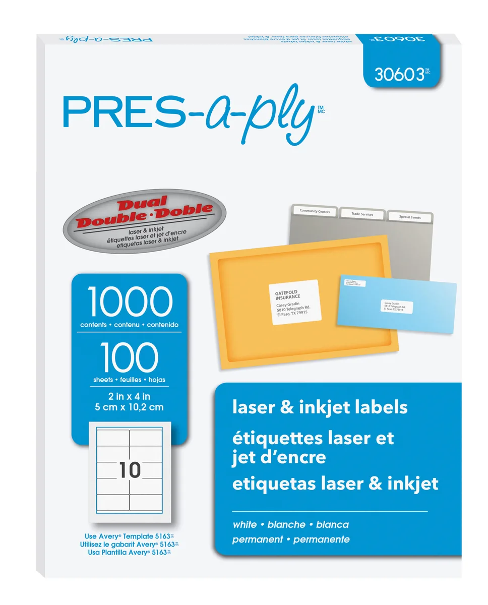 Avery Avery PRES-a-ply White Shipping Labels 2" x 4" 1000 Labels 30603 — product photo