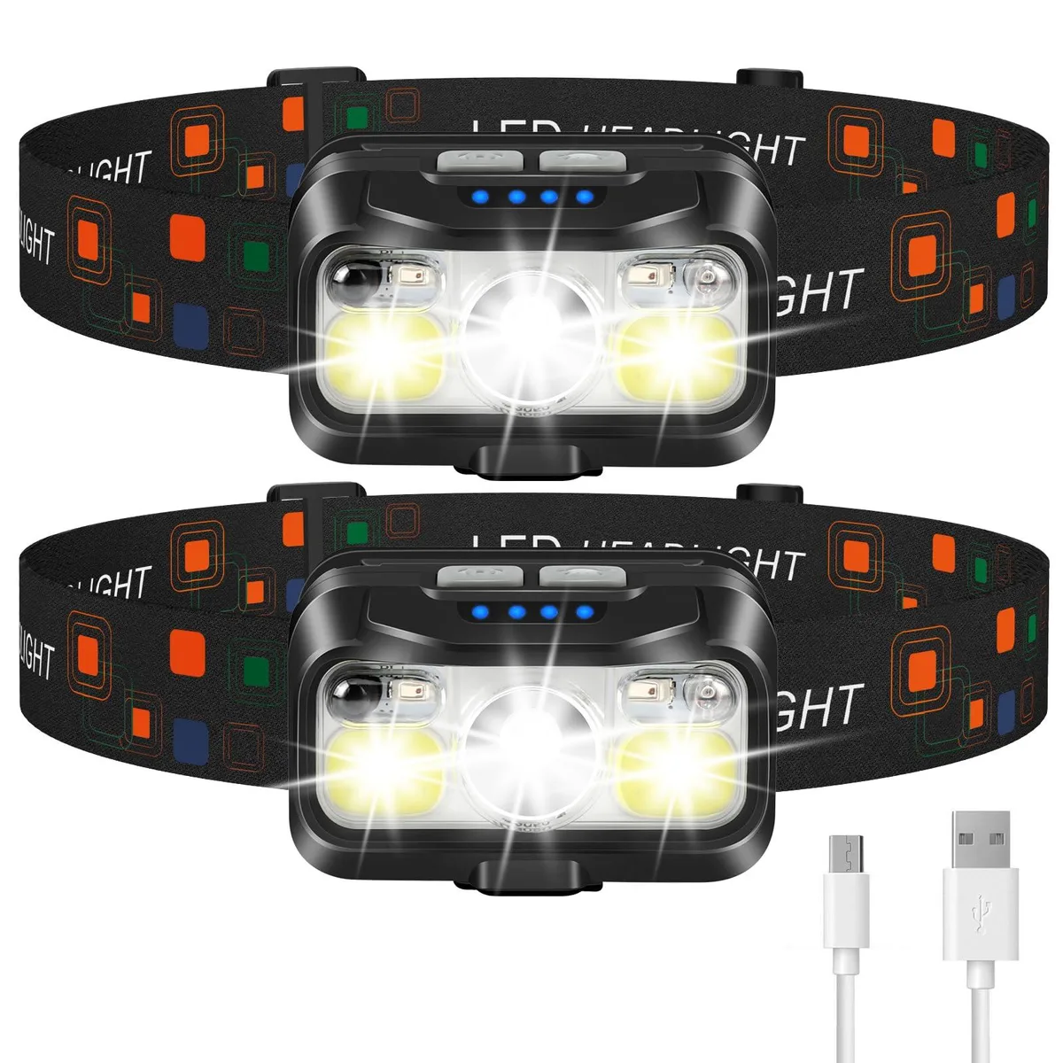 Two compact headlamps in black ABS plastic with adjustable elastic headbands, shown side by side