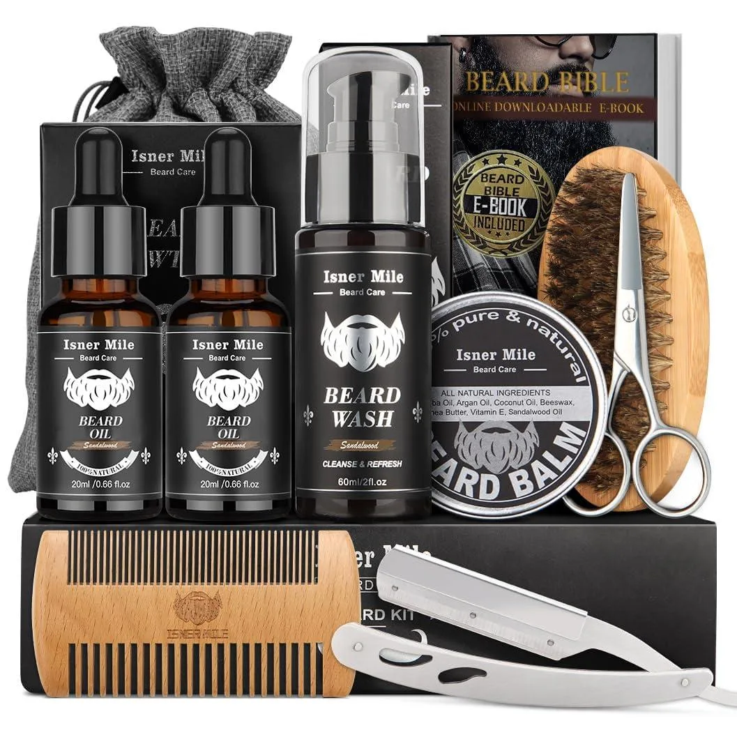 Beard grooming kit in box with straight razor, brush, comb, scissors, oil, balm, wash