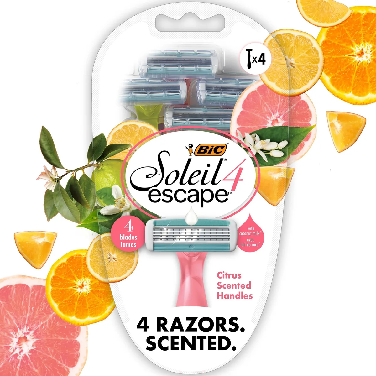 Four disposable razors with citrus-scented handles and blade covers