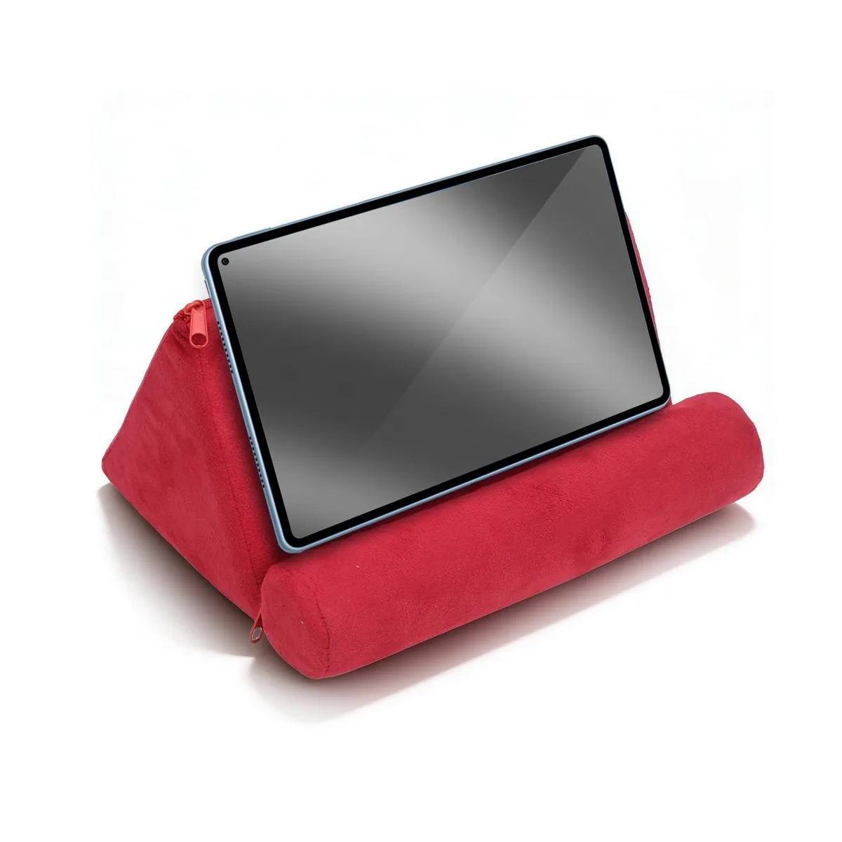 Red pillow tablet stand with soft suede cover, angled viewing surface, foldable design, size 12