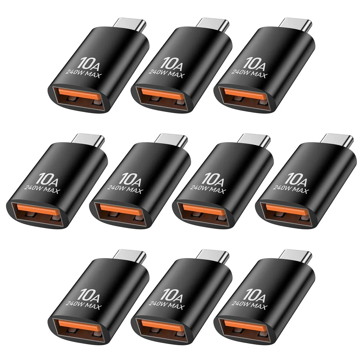 Ten black USB-C male to USB-A female adapters in a row