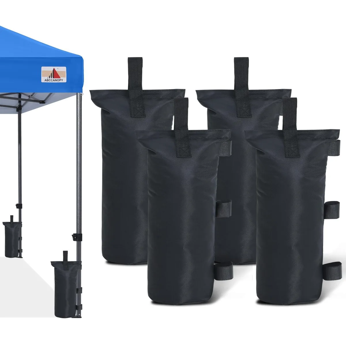 Four black rectangular fabric weight bags with velcro straps and carry handles