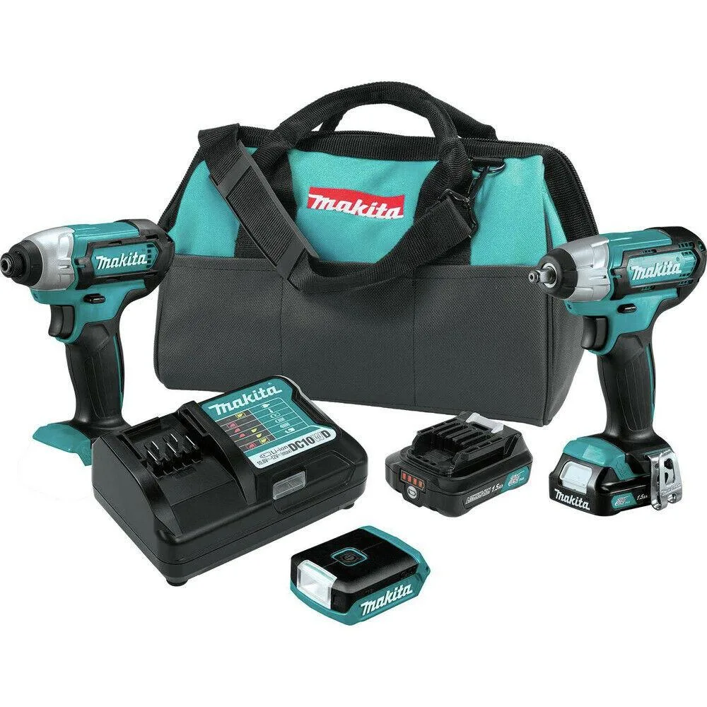 Makita 12V combo kit with impact driver, impact wrench, flashlight, charger, two batteries, and 14 in. tool bag