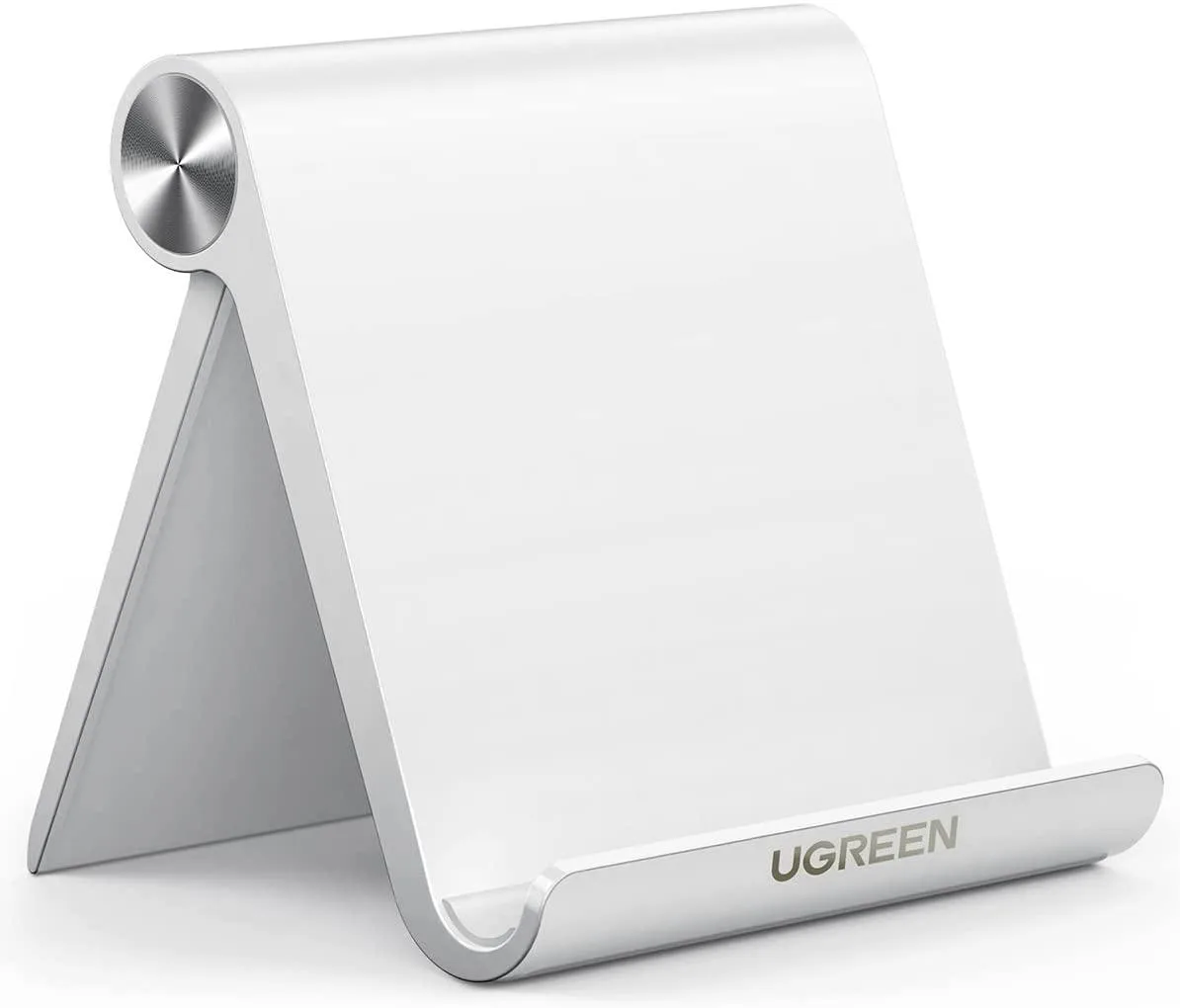White foldable tablet stand with silicone grips, compact desktop dock for devices 4 to 12 inches