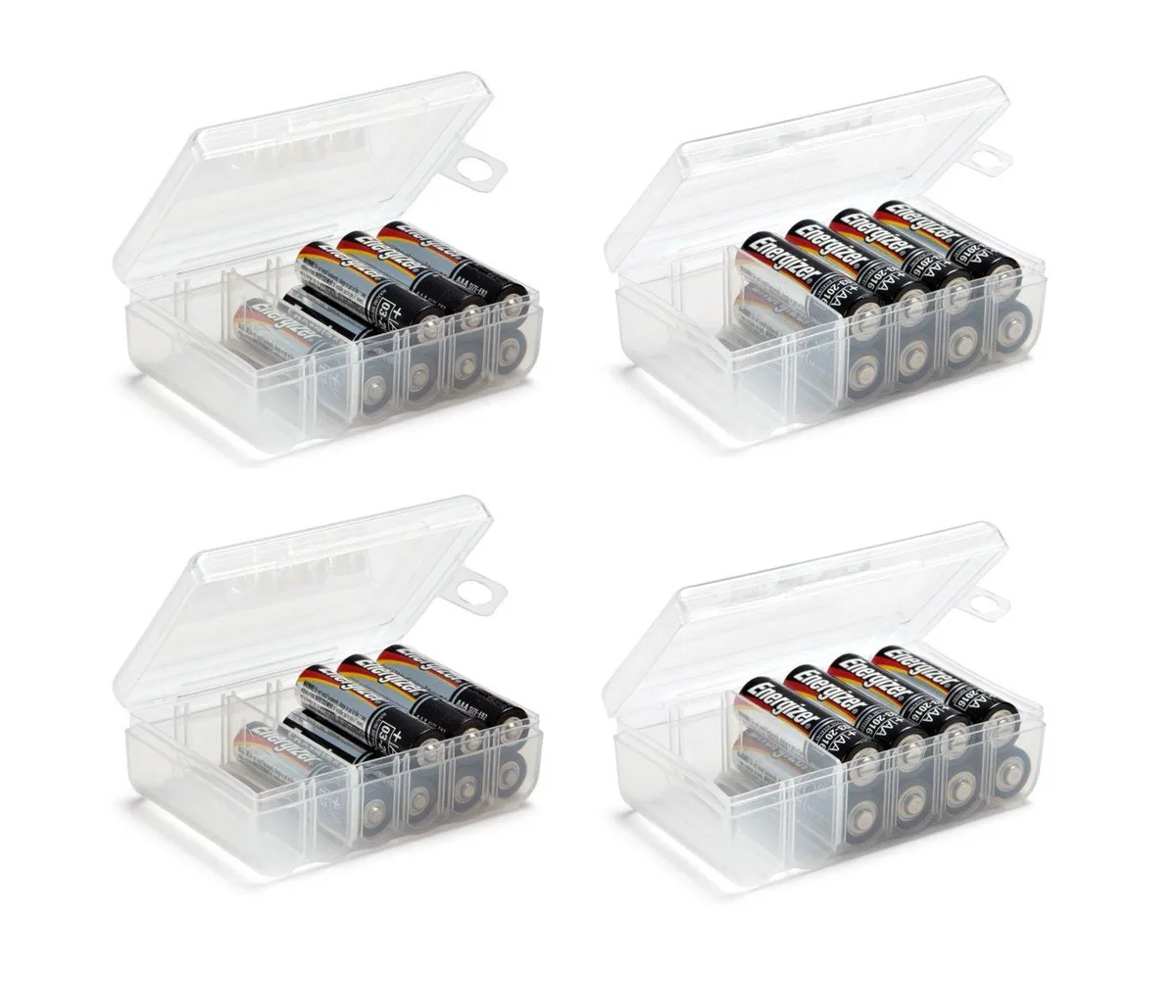 Four clear plastic battery cases with snap lids