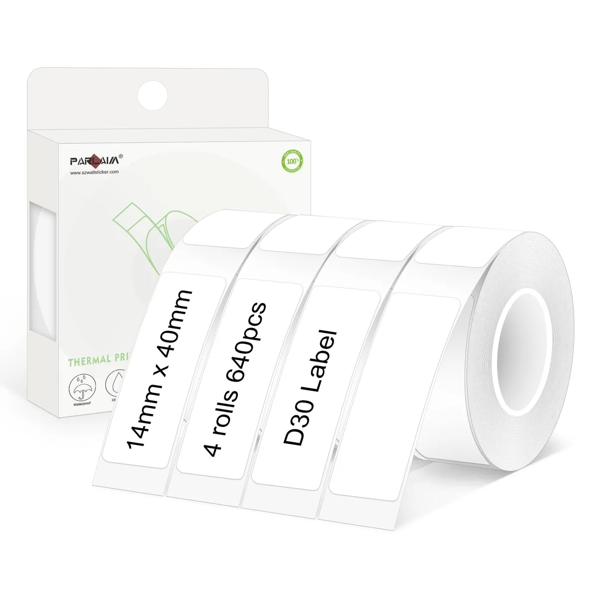 White rectangular thermal label tape rolls in a dispenser box, matte finish