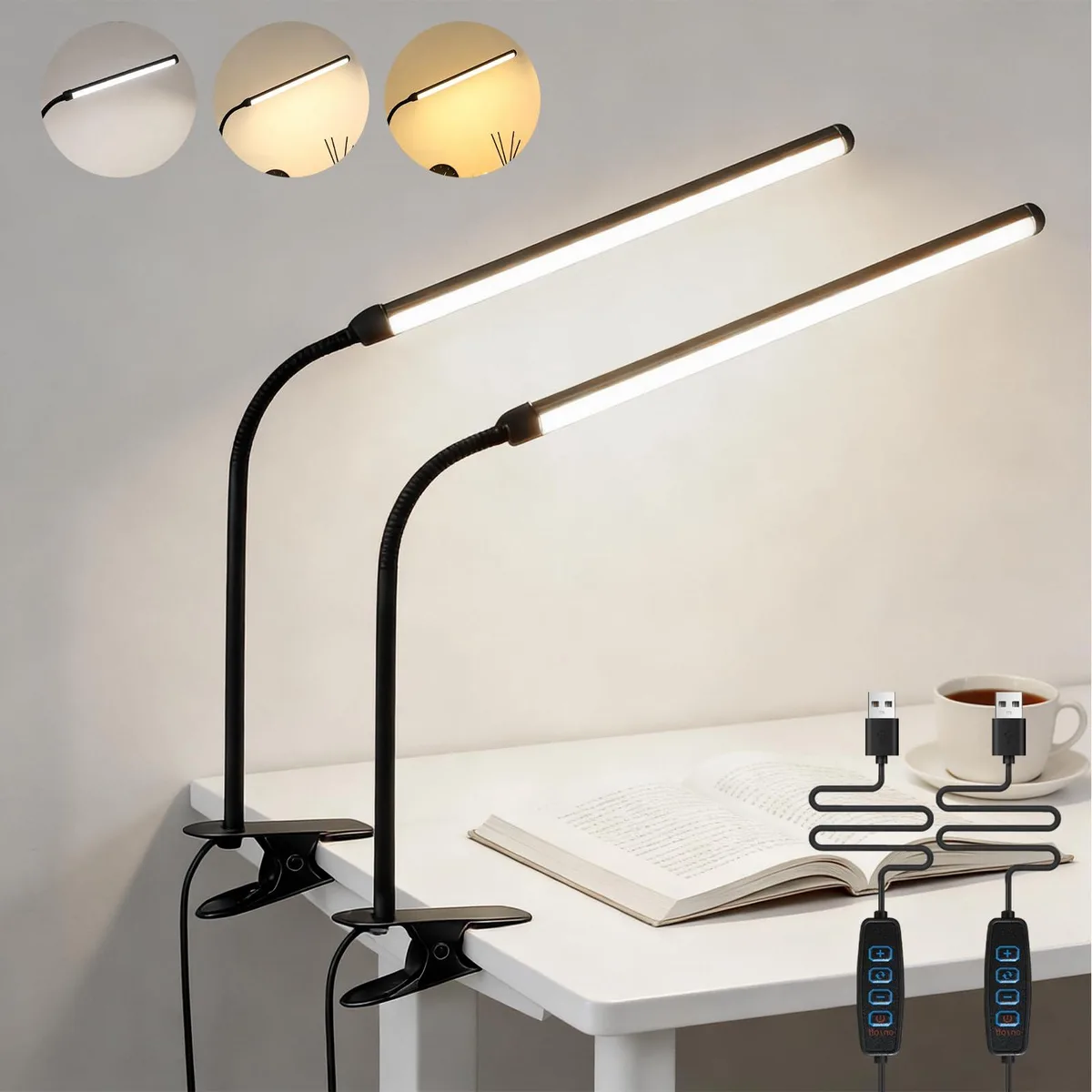 Two glossy black arc desk lamps with flexible goosenecks and clamp bases