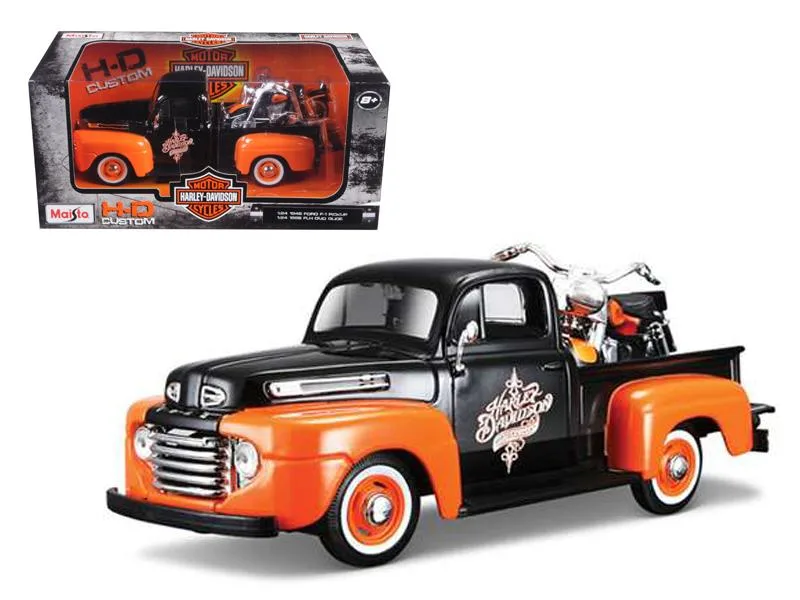 Maisto Maisto 1948 Ford F-1 Pickup with 1958 Harley FLH 1/24 Diecast Orange Black — product photo