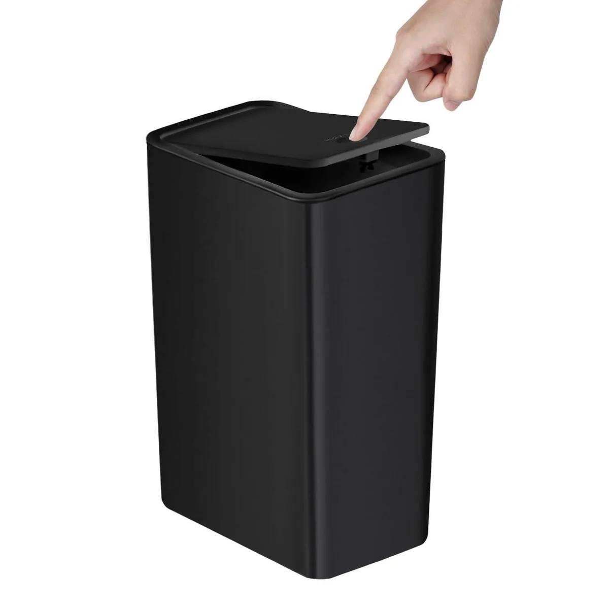 Twelve black slim plastic bins with pop-up lids, 8.7 by 6.2 by 13.1 inches