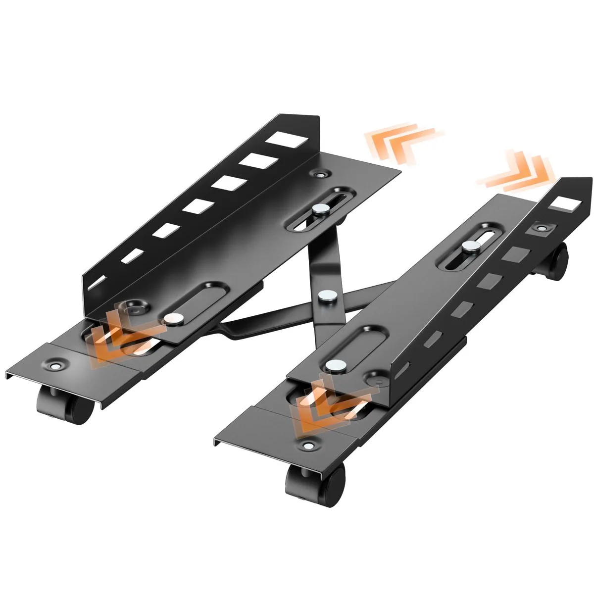 Black adjustable steel CPU tower stand with four locking caster wheels and perforated base