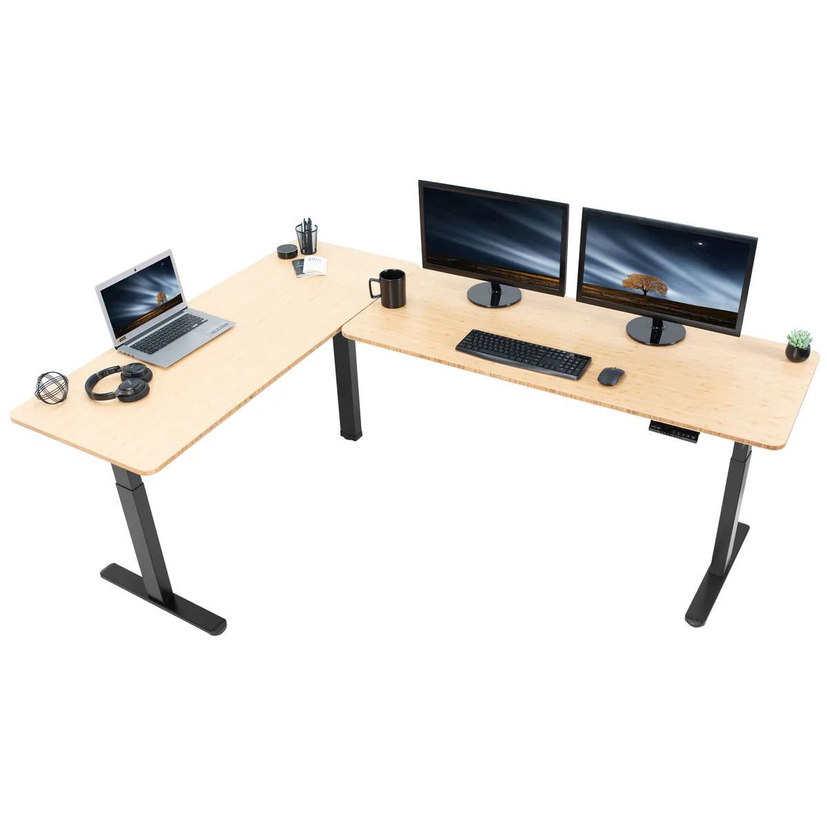VIVO VIVO Electric Corner Desk 83" x 60" Bamboo/Black Frame — product photo