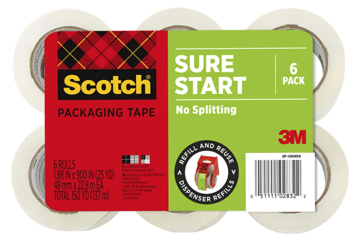 Six clear packing tape rolls on white cores