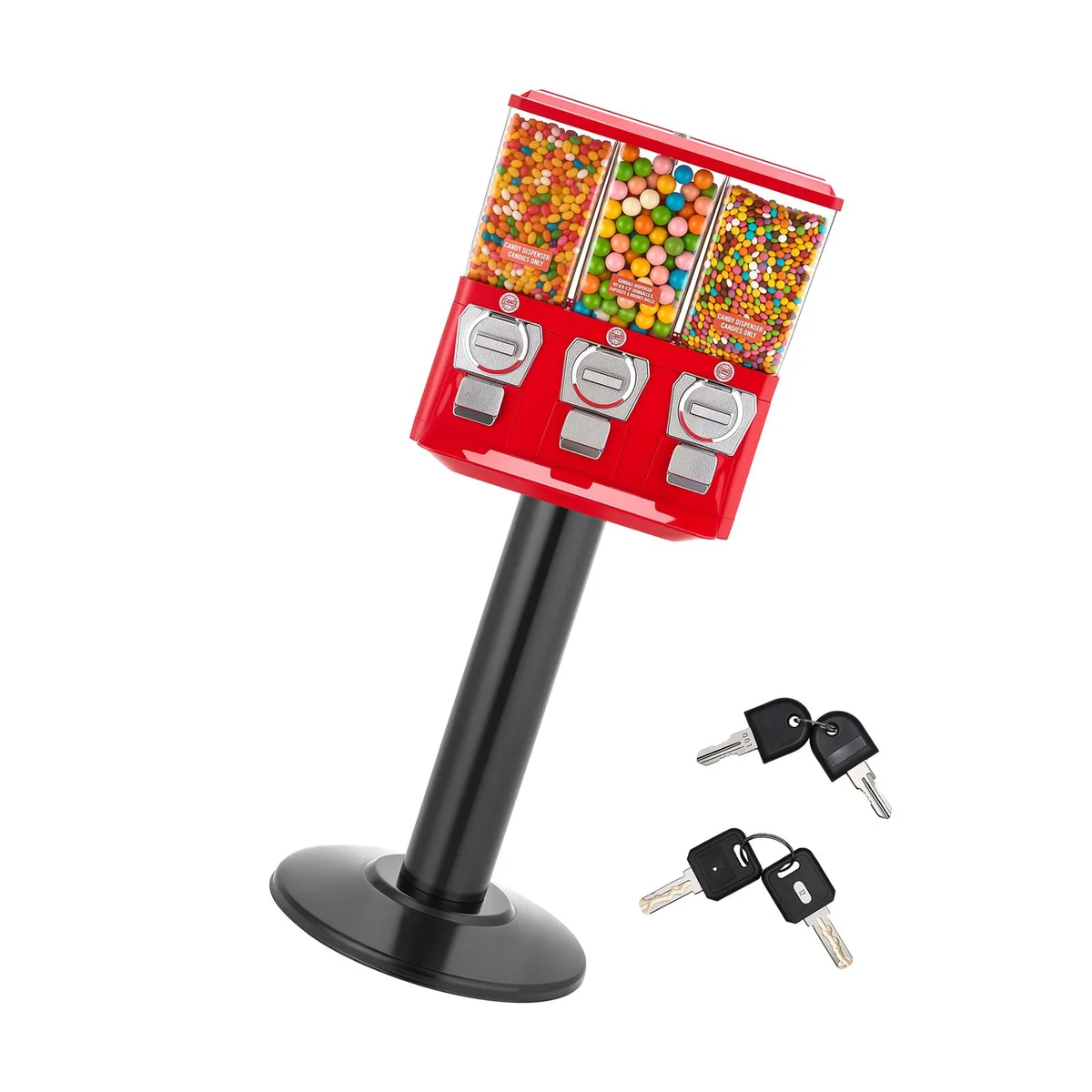 Red triple-compartment candy vending machine on stand with coin slot and clear globes