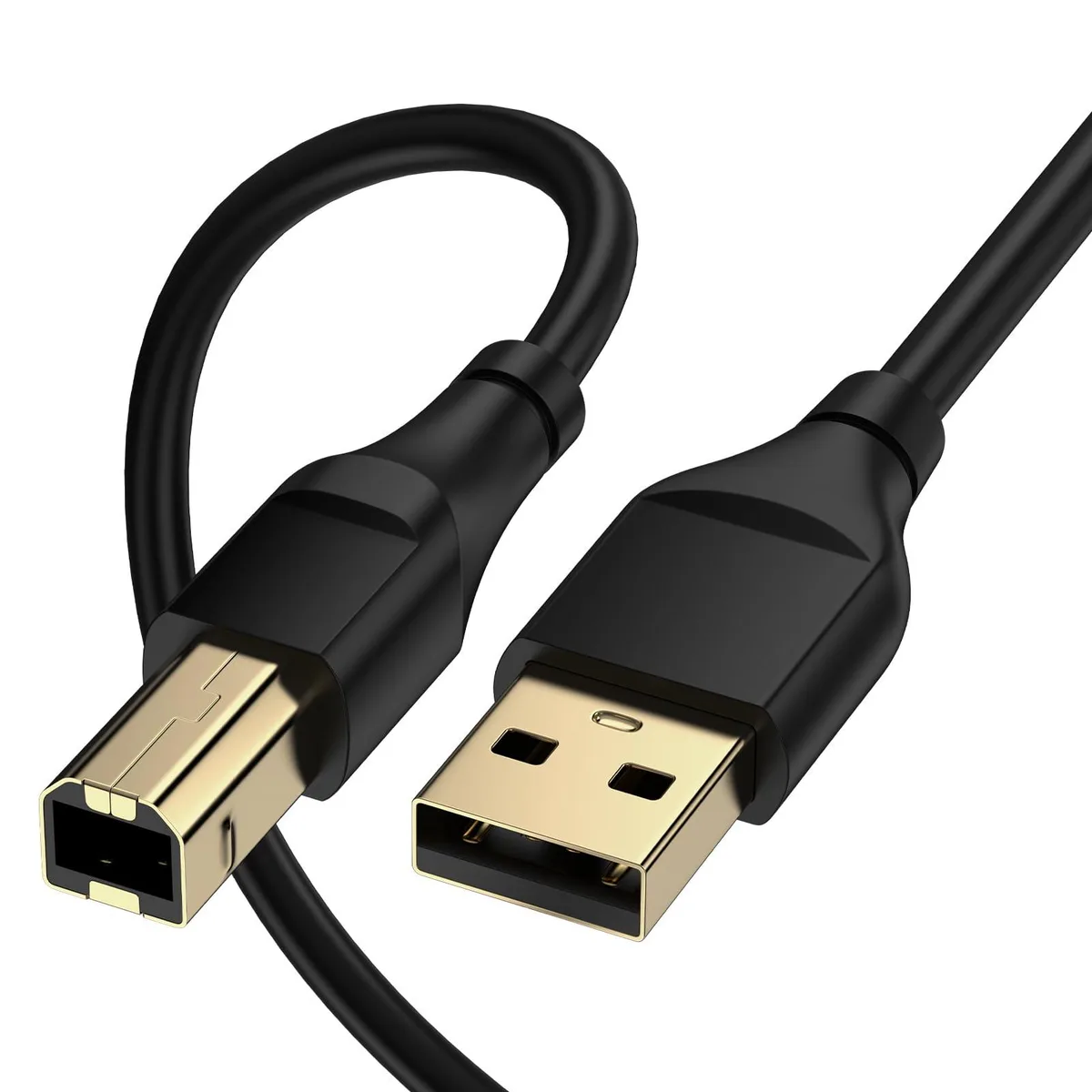 Black USB 2.0 A-to-B cable, 10 ft, male-to-male connectors