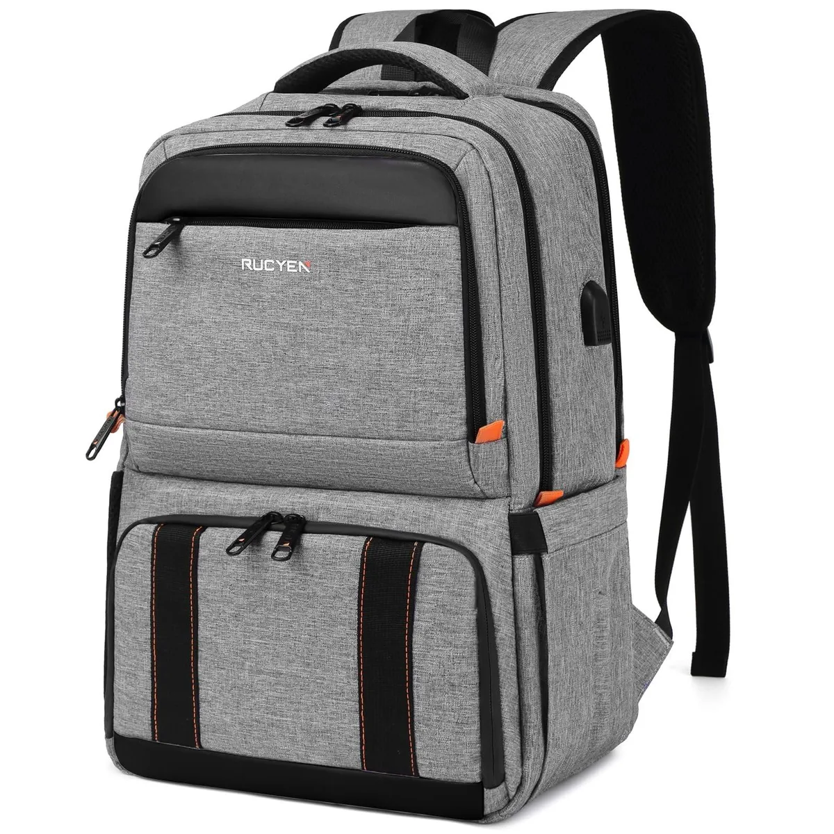Grey insulated laptop backpack with front zip pockets and side mesh pouches