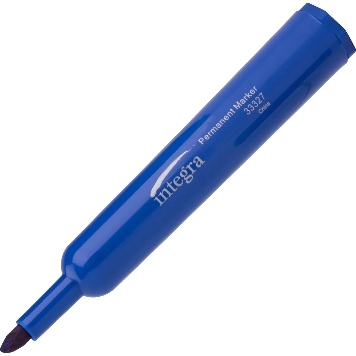Twelve blue permanent markers with chisel tips and pocket clips